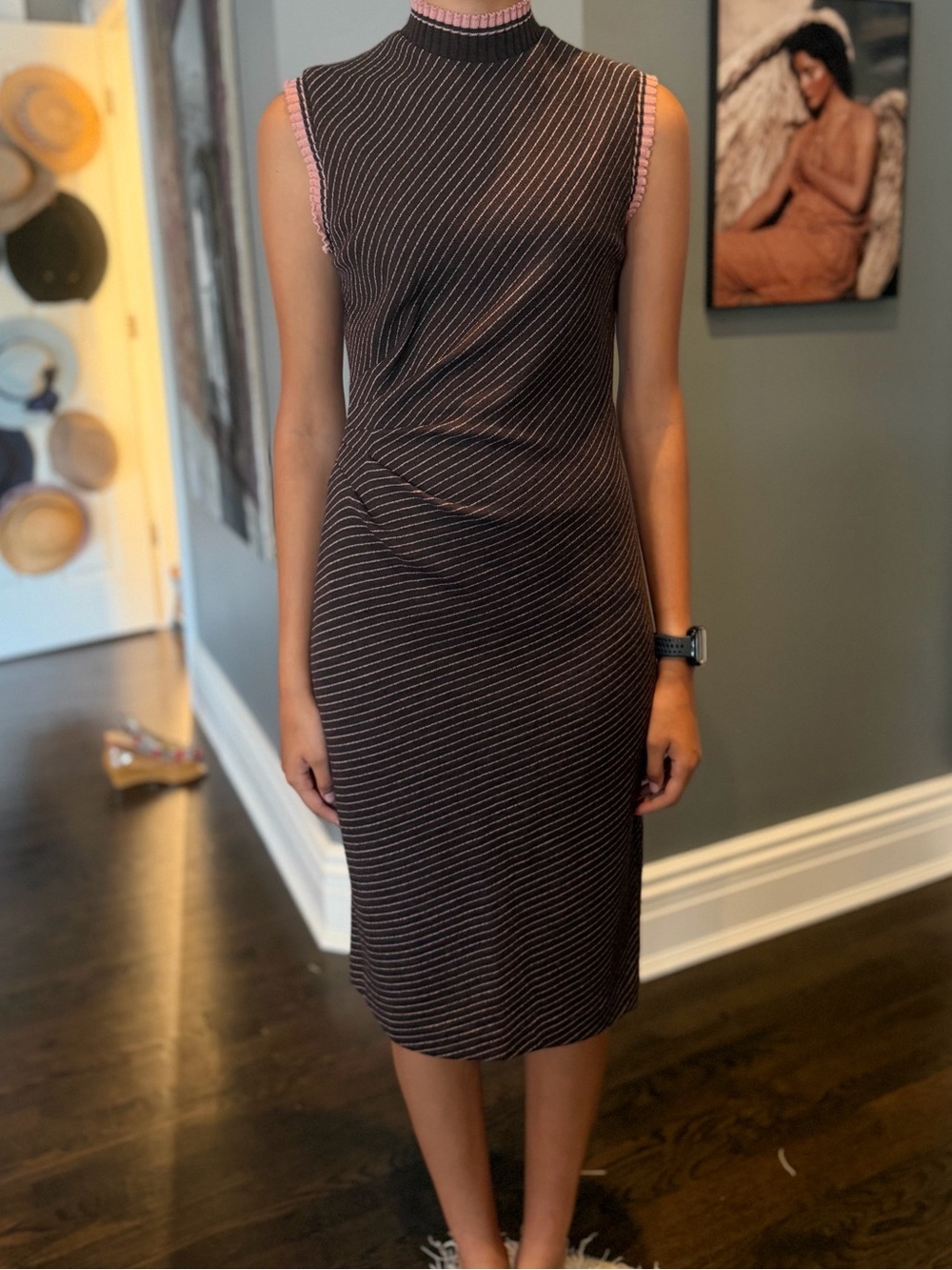 Kay Unger Black Sleeveless Midi Dress with Pink Trim